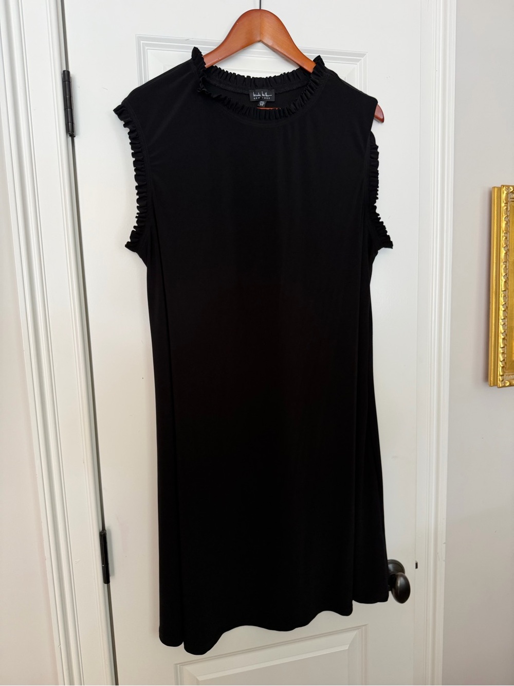 Nicole Miller Black Sleeveless Shift Dress with Ruffle Trim